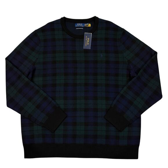 Polo Ralph Lauren Sweater Mens 2XL Blue Green Tartan Plaid Washable Merino Wool - Picture 1 of 11